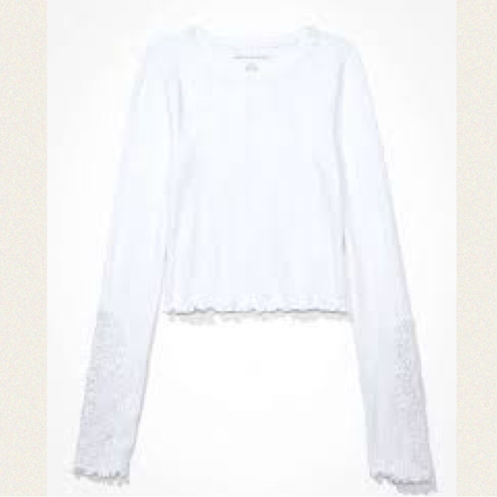 American Eagle AE White Long Sleeve Ribbed Lace Lettuce-Edge Trim Crop Top Small